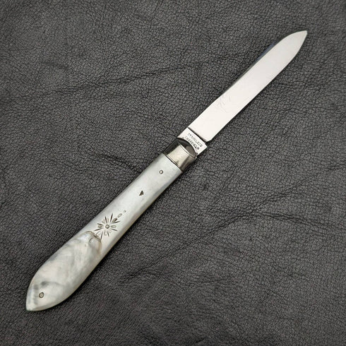 英國古董白珍珠貝殼柄不銹鋼刀片折疊水果刀